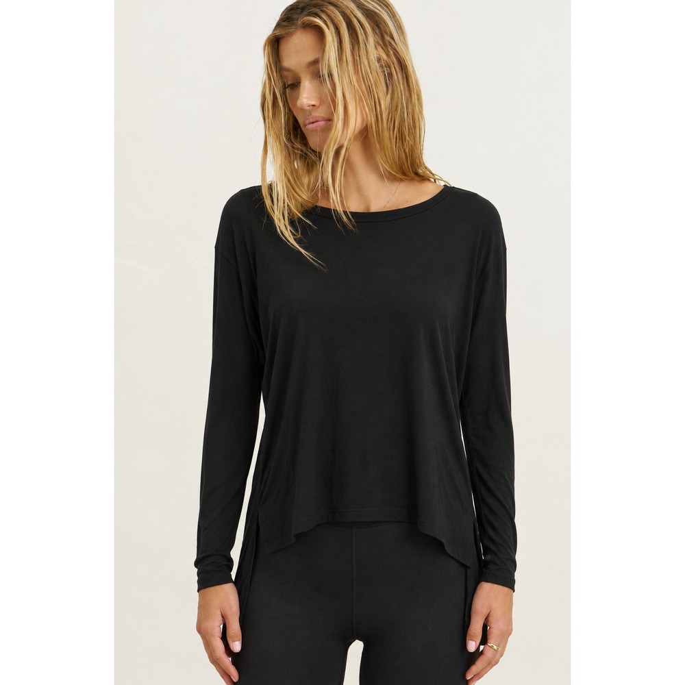 Joah Brown Womens Black Long Sleeve High Low Hem Modal Top S/M